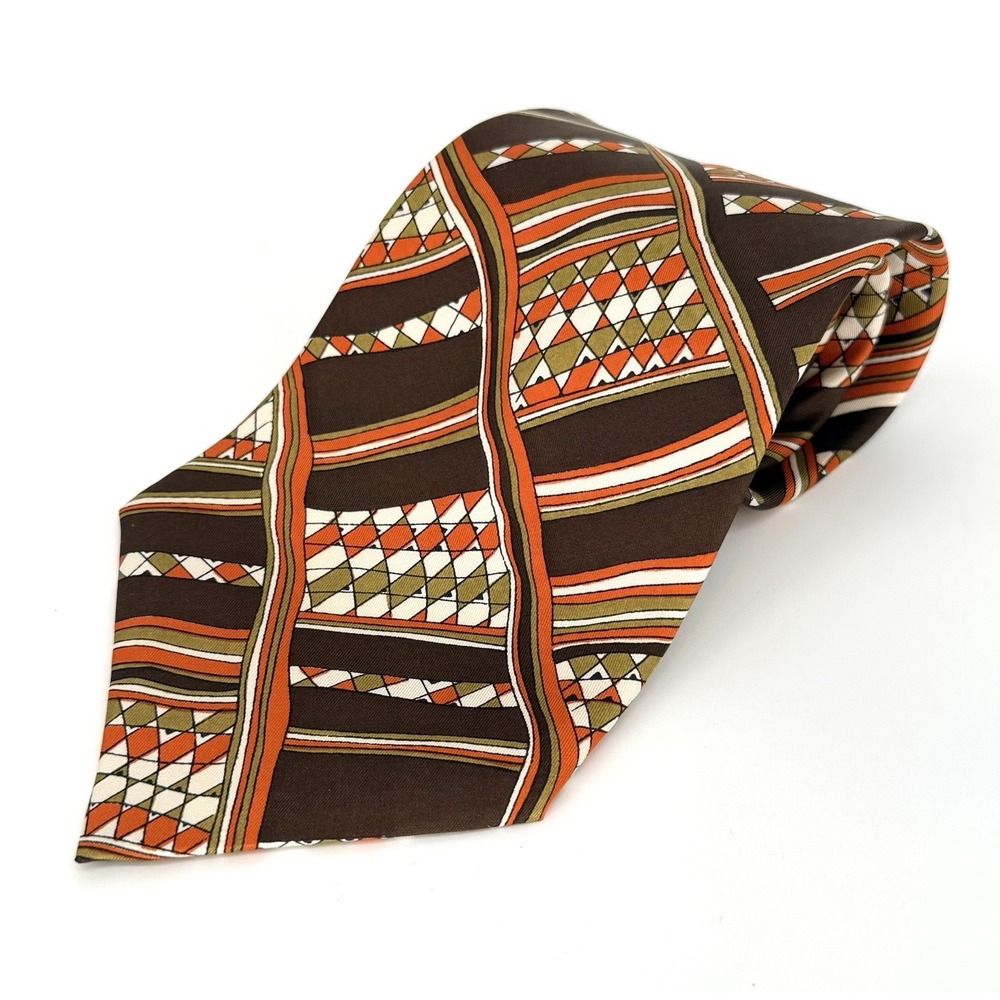 Vtg 70's I.Magnin 100% Silk Tie Spain Brown Orange Abstract Retro Geo Pattern - Picture 7 of 7